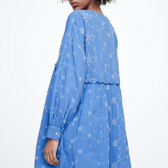 NEW ZARA SHORT EMBROIDERED DRESS BLUE V NECK LONG SLEEVES A LINE WOMENS SIZE M - Picture 4 of 8